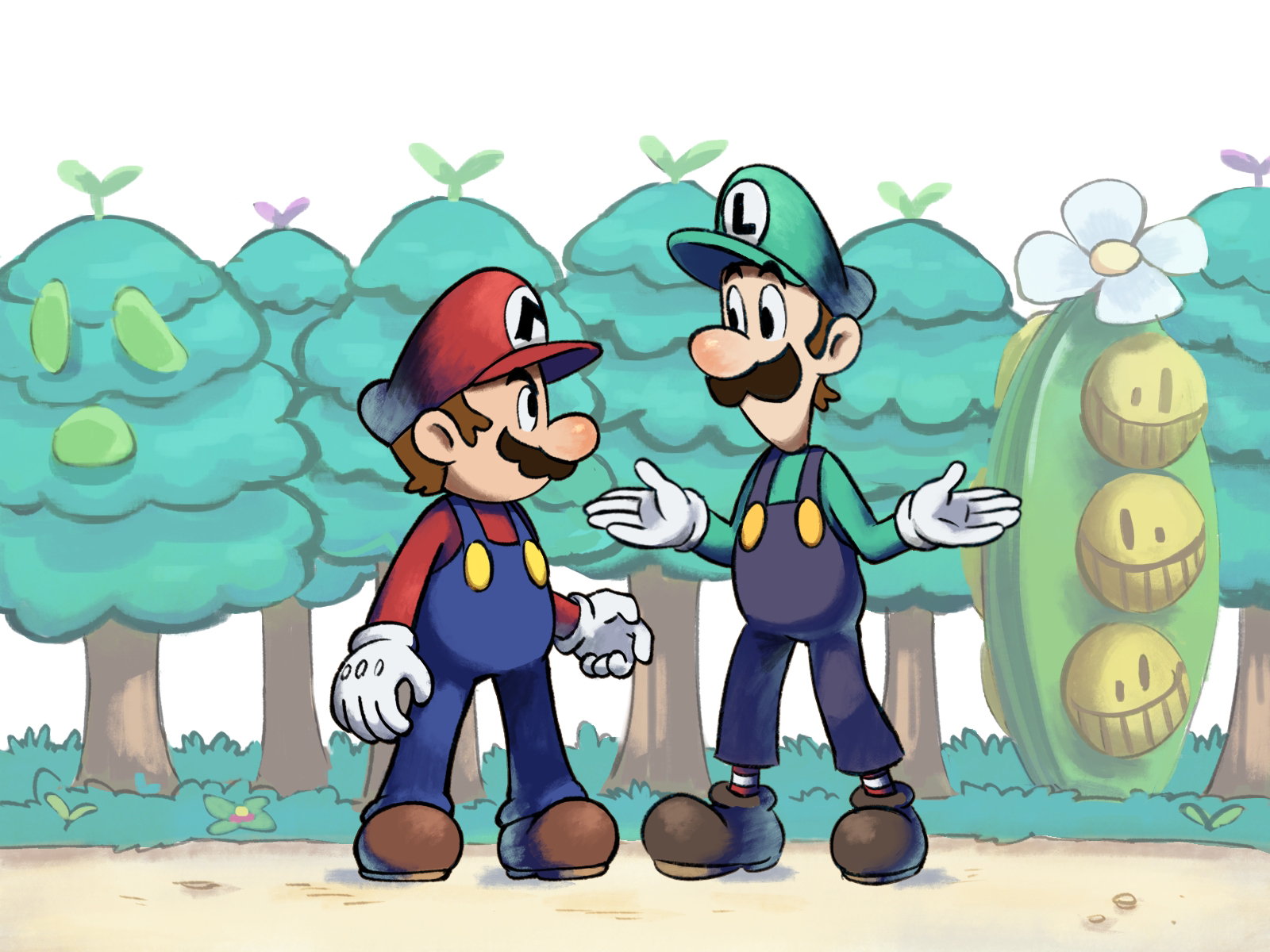 yamari (ya mari 6363), luigi, mario, mario & luigi: superstar saga, mario & luigi rpg, mario (series), nintendo, highres, 2boys, blue overalls, boots, brothers, brown boots, brown hair, facial hair, flower, gloves, green hat, green shirt, hat, masanori sato (style), multiple boys, mustache, overalls, red hat, red shirt, shirt, short hair, siblings, tree, white flower, white gloves