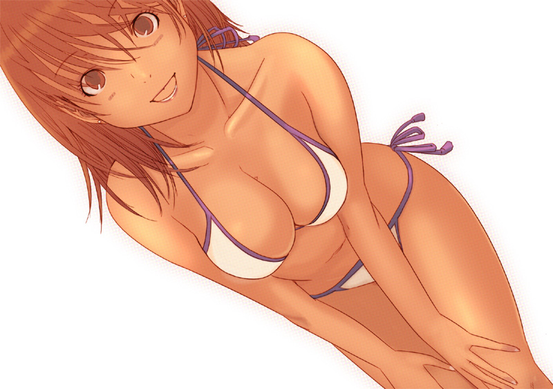 kiriman (souldeep), original, hands on thighs, 1girl, bent over, bikini, breasts, brown eyes, brown hair, dark-skinned female, dark skin, dutch angle, earrings, female focus, jewelry, leaning forward, long hair, open mouth, side-tie bikini bottom, smile, solo, swimsuit, white bikini