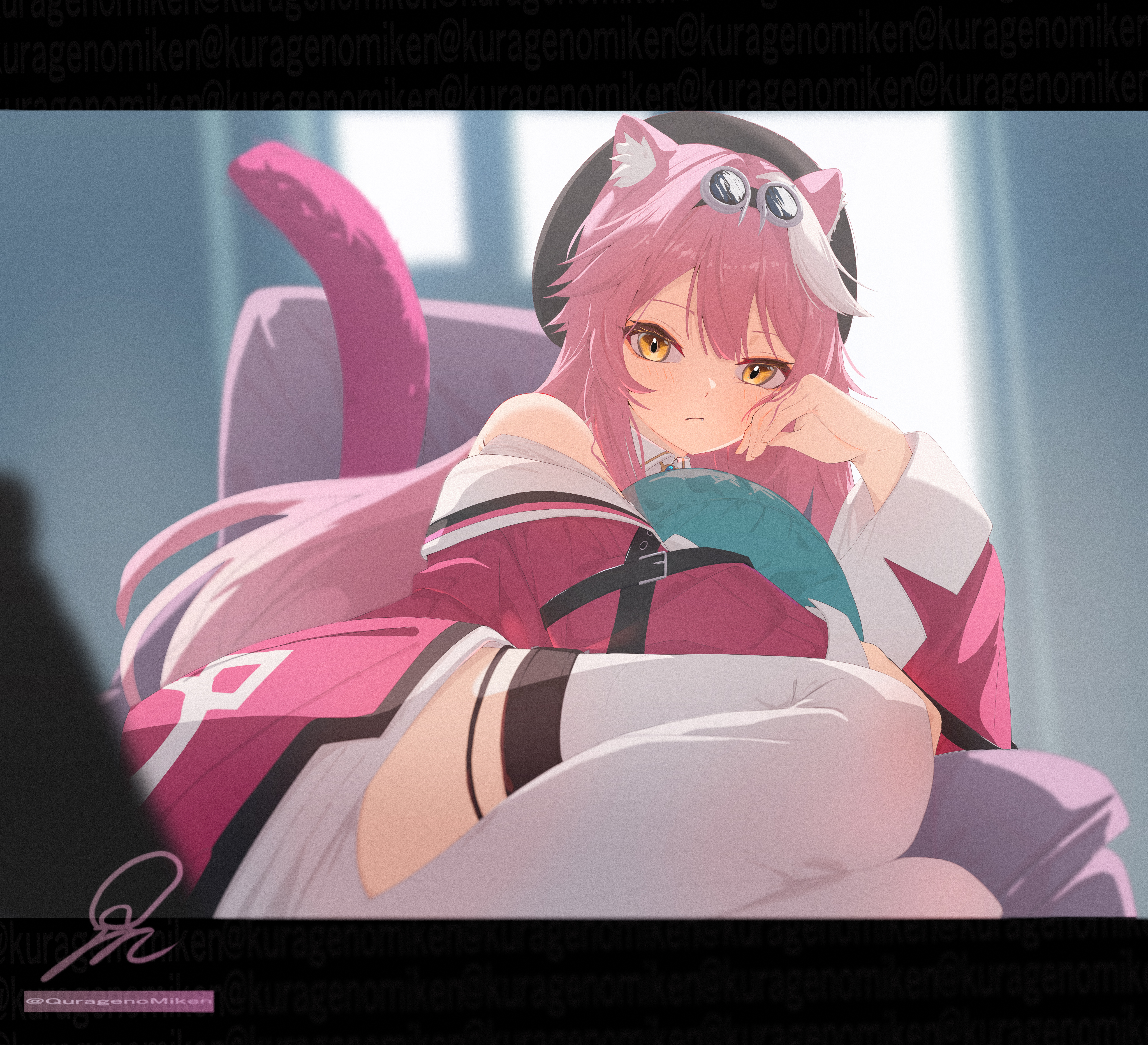 quragenomiken, raora panthera, raora panthera (1st costume), hololive, hololive english, absurdres, highres, 1girl, animal ears, beret, black hat, closed mouth, coat, goggles, goggles on head, hat, long hair, looking at viewer, panther ears, panther girl, panther tail, pink coat, pink hair, solo, tail, thighhighs, virtual youtuber, white streaks, white thighhighs, yellow eyes