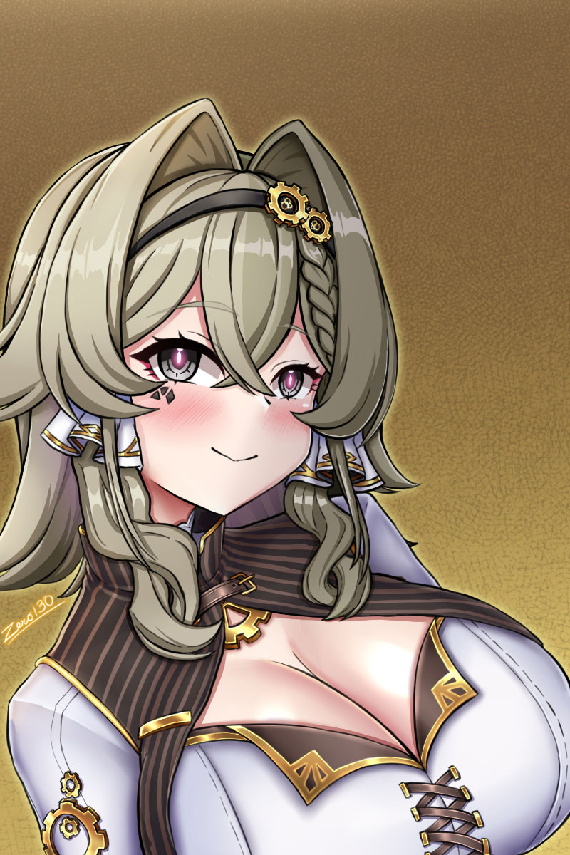 zero130rider, vill-v, honkai (series), honkai impact 3rd, highres, 1girl, artist name, breasts, brown hair, cleavage, closed mouth, grey eyes, headband, jacket, large breasts, long hair, looking at viewer, smile, solo, upper body, white jacket