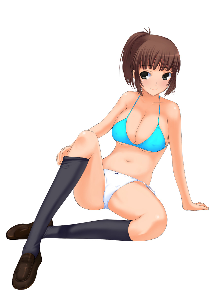 shima-shuu, sakino asuka, kimi kiss, highres, 1girl, arm support, bikini, breasts, brown eyes, brown hair, female focus, large breasts, ponytail, solo, swimsuit, thighhighs