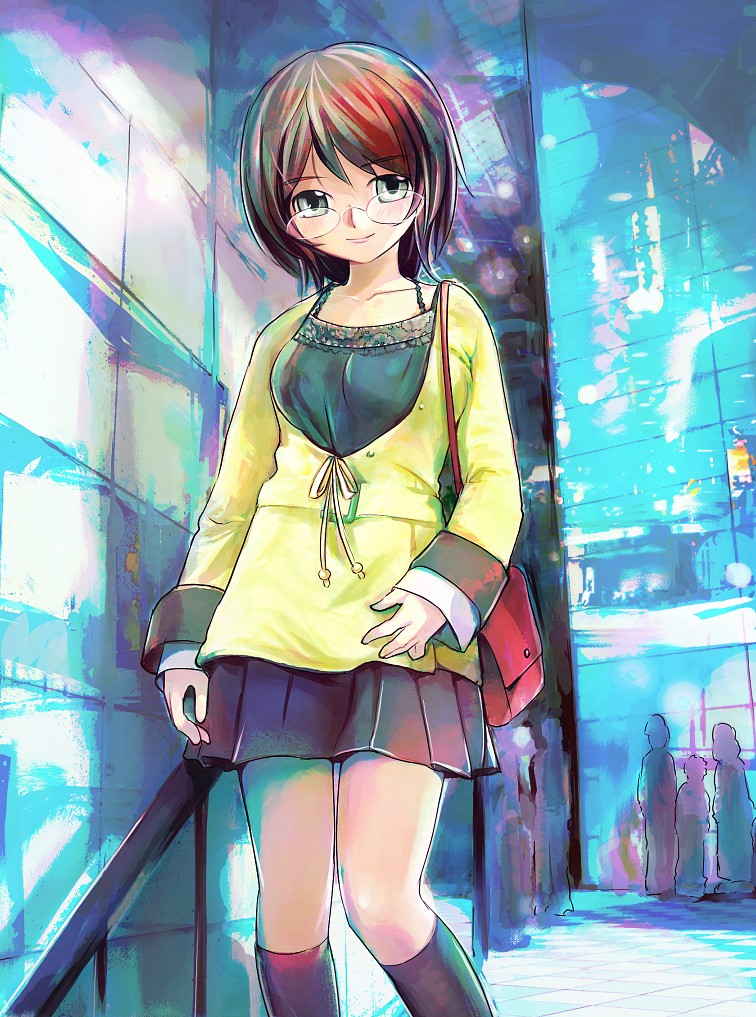 mekarauroko, original, bag, black eyes, black hair, brown hair, glasses, handbag, kneehighs, short hair, skirt, socks, solo