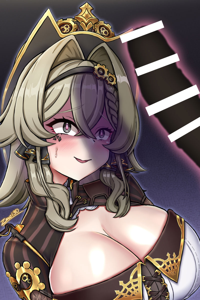 zero130rider, captain (honkai impact), vill-v, honkai (series), honkai impact 3rd, highres, 1boy, 1girl, :d, artist name, bar censor, breasts, brown hair, censored, cleavage, grey eyes, grin, headband, jacket, large breasts, long hair, looking at penis, open mouth, penis awe, smile, solo focus, teeth, upper body, white jacket