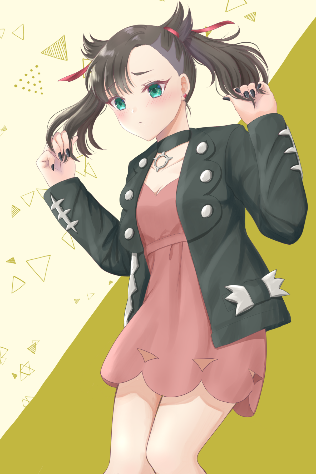 yamamoto tomoha, marnie (pokemon), nintendo, pokemon, pokemon swsh, highres, 1girl, asymmetrical bangs, black choker, black hair, black jacket, black nails, breasts, choker, closed mouth, collarbone, dress, earrings, green eyes, hair ribbon, hands up, jacket, jewelry, nail polish, pink dress, playing with own hair, red ribbon, ribbon, small breasts, solo, stud earrings, twintails, twintails day, undercut