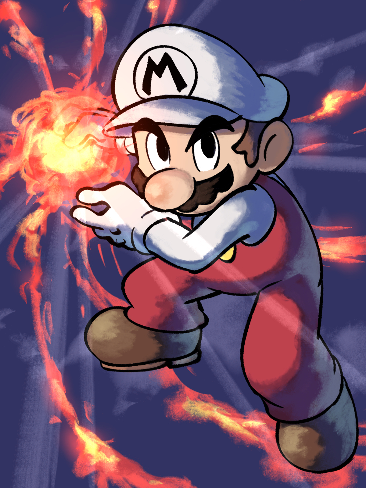 yamari (ya mari 6363), fire mario, mario, mario & luigi rpg, mario (series), nintendo, highres, 1boy, black eyes, boots, brown boots, brown hair, facial hair, fireball, full body, gloves, hat, long sleeves, looking at viewer, male focus, masanori sato (style), mustache, newsboy cap, overalls, powering up, red overalls, shirt, short hair, solo, swirling, white gloves, white hat, white shirt