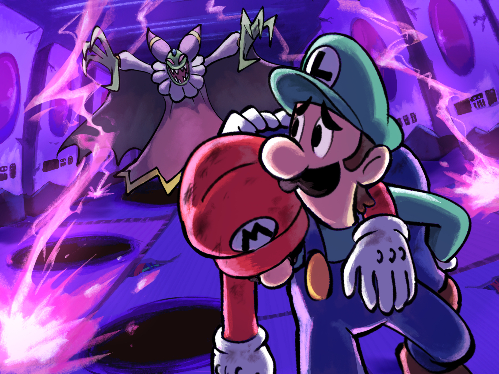 yamari (ya mari 6363), cackletta, luigi, mario, mario & luigi: superstar saga, mario & luigi rpg, mario (series), nintendo, highres, 2boys, blue overalls, boots, boss fight, brothers, brown boots, electricity, facial hair, gloves, green hat, green shirt, hat, in-universe location, indoors, masanori sato (style), multiple boys, mustache, newsboy cap, official style, overalls, red hat, red shirt, shirt, siblings, white gloves