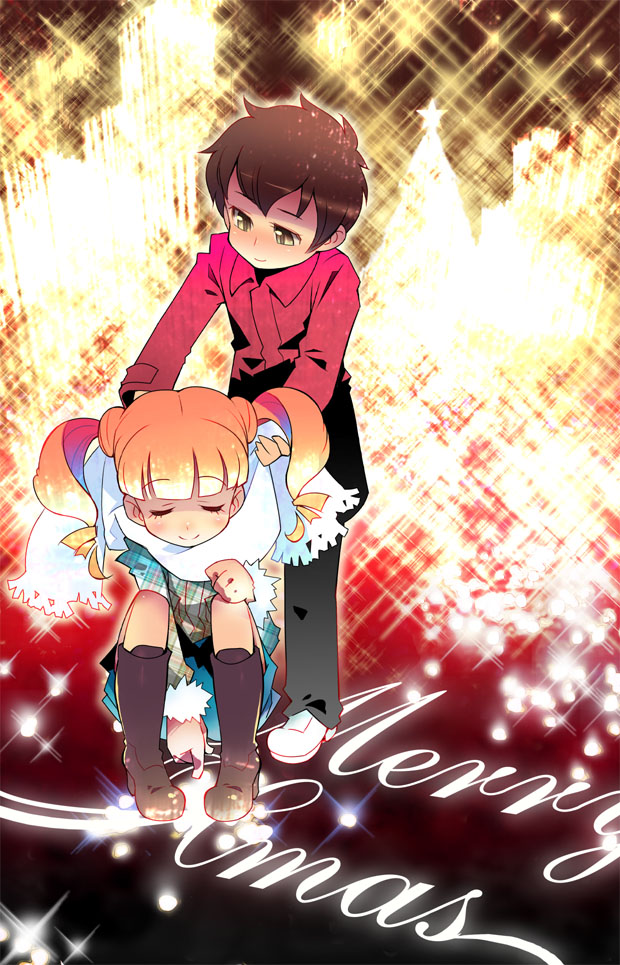 minawa, kogure kakeru, yumeno uta, onegai my melody, sanrio, 00s, 1boy, 1girl, black socks, blonde hair, blunt bangs, brown hair, christmas, full body, kneehighs, leaning forward, loafers, long sleeves, merry christmas, shadow, shoes, short hair, sitting, socks, sparkle, standing, sweater, text focus