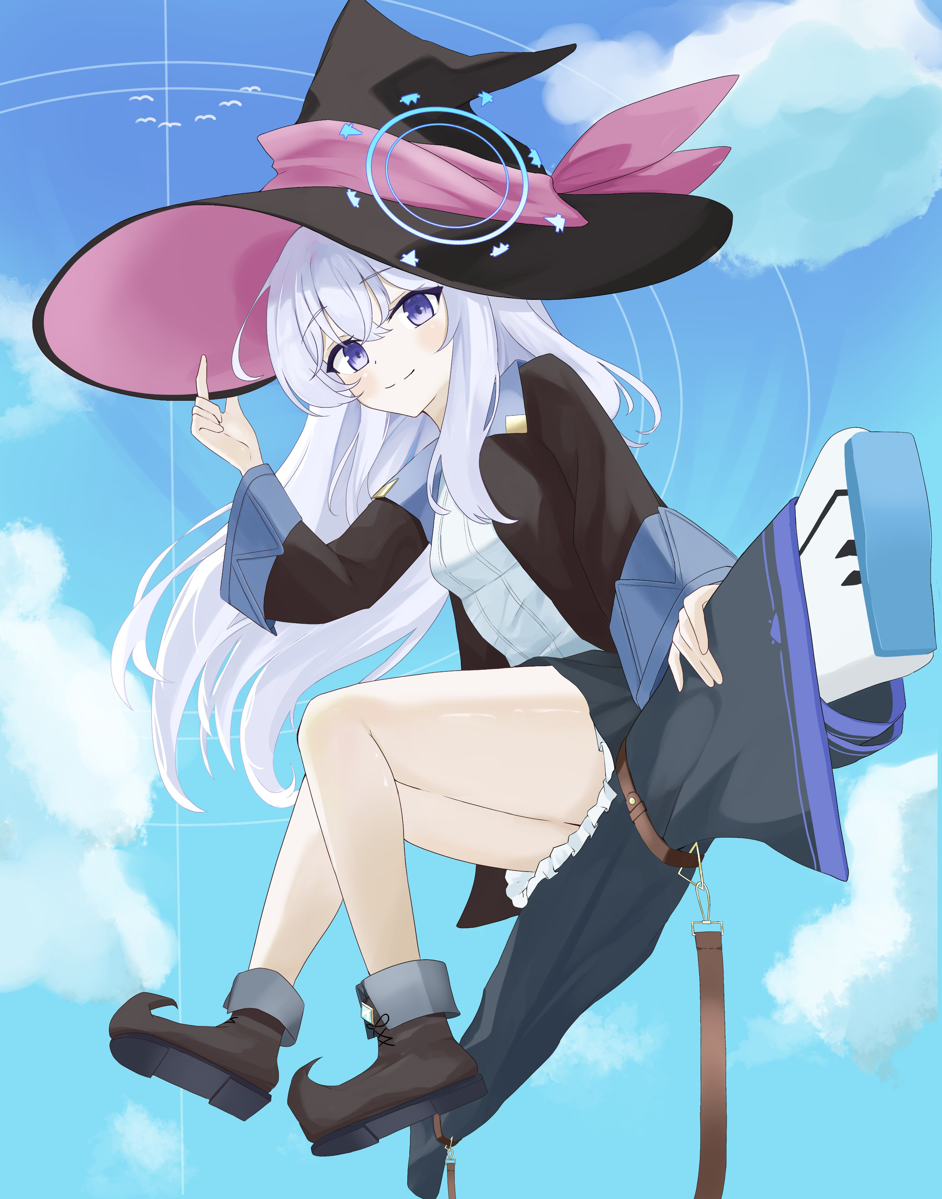 elaina (majo no tabitabi), blue archive, majo no tabitabi, pointy footwear, 1girl, bare legs, boots, cloud, crossover, gun, halo, hat, holding headgear, long coat, long hair, purple eyes, riding, shirt, skirt, sky, strap, thighs, veriny, weapon, white hair, witch hat