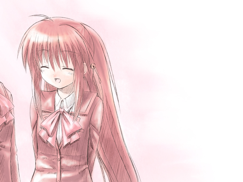 na-ga, natsume rin, little busters!, game cg, 1girl, :d, ^ ^, arms behind back, ascot, bell, blazer, blush, bow, bowtie, buttons, closed eyes, jacket, jingle bell, long hair, long sleeves, open mouth, ponytail, red hair, school uniform, serafuku, smile, solo focus, upper body