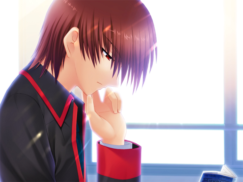 na-ga, natsume kyousuke, little busters!, game cg, 1boy, black jacket, brown eyes, brown hair, collar, from side, gakuran, indoors, jacket, long sleeves, male focus, profile, school uniform, serafuku, solo, upper body
