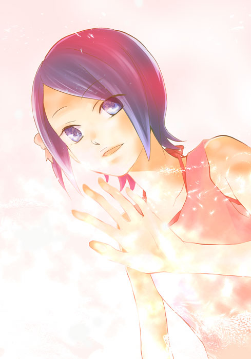 kaminogi haruka, noein, eyebrows, 00s, 1girl, blue hair, collarbone, female focus, looking at viewer, multicolored hair, own hands together, red hair, short hair, simple background, sleeveless, solo, streaked hair, tank top, upper body, white background