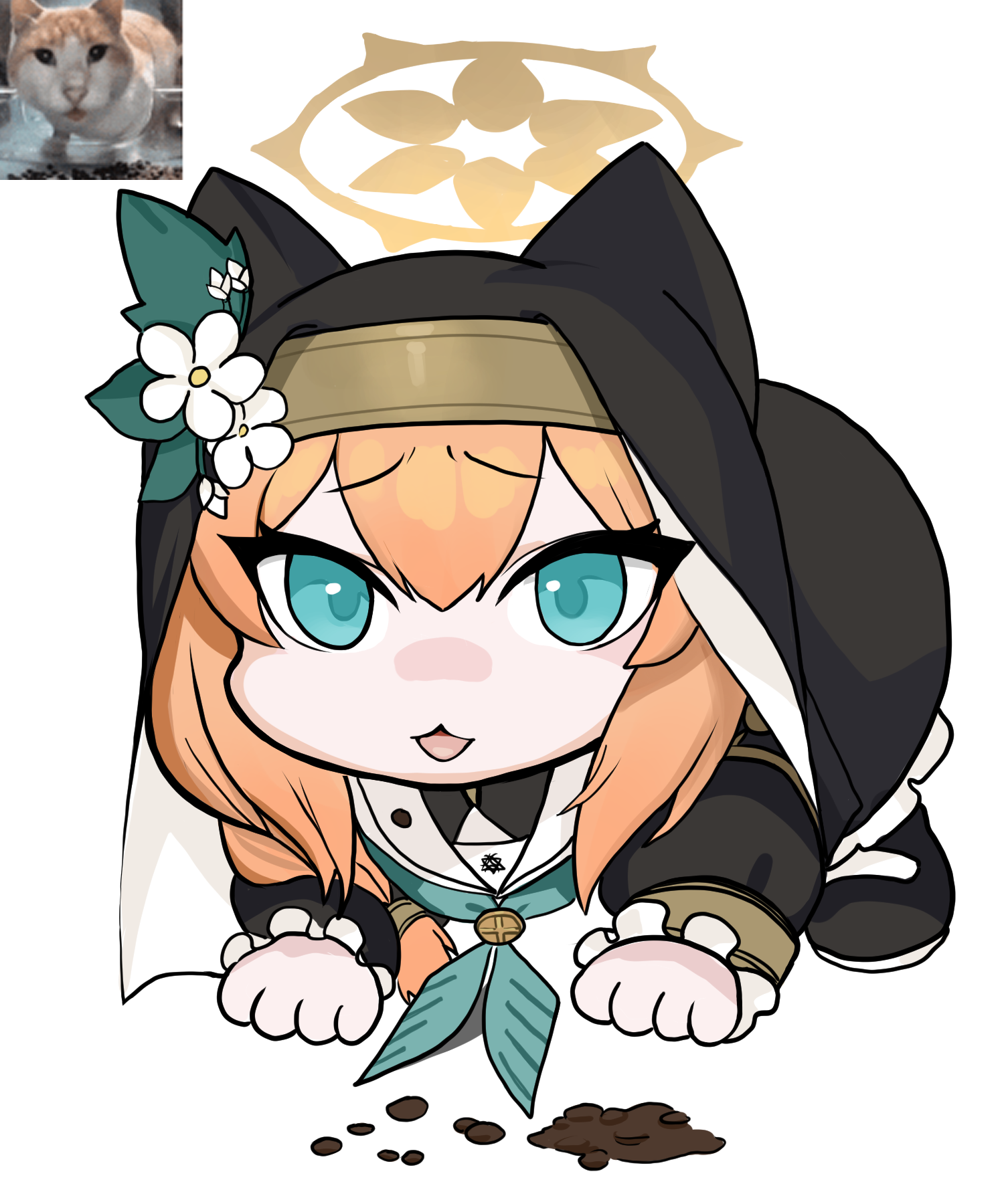dokomon, mari (blue archive), blue archive, commentary, english commentary, highres, 1girl, all fours, animal, animal ears, black dress, black shoes, blue eyes, brown hair, cat, dress, fake animal ears, flower, frilled sleeves, frills, hair between eyes, halo, long hair, long sleeves, looking at viewer, nun, open mouth, puffy long sleeves, puffy sleeves, reference inset, shoes, simple background, solo, veil, white background, white flower