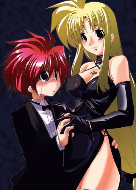 erio mondial, fate testarossa, lyrical nanoha, mahou shoujo lyrical nanoha, mahou shoujo lyrical nanoha strikers, 00s, age difference, bare shoulders, blush, choker, dress, elbow gloves, formal clothes, gloves, hetero, holding hands, shota, tuxedo