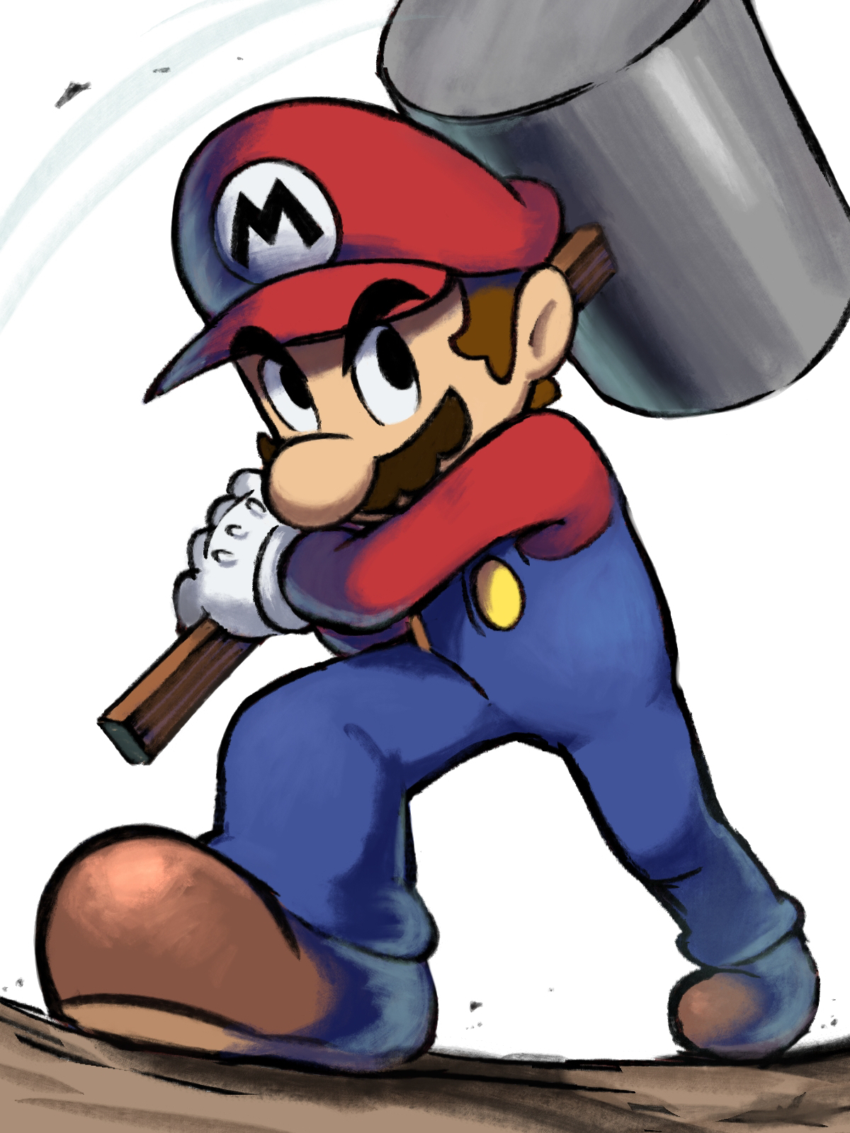 yamari (ya mari 6363), mario, mario & luigi rpg, mario (series), nintendo, highres, 1boy, blue overalls, boots, brown boots, brown hair, facial hair, gloves, hammer, hat, holding, holding hammer, holding weapon, looking at viewer, male focus, masanori sato (style), mustache, over shoulder, overalls, red hat, red shirt, shirt, short hair, simple background, solo, weapon, weapon over shoulder, white background, white gloves