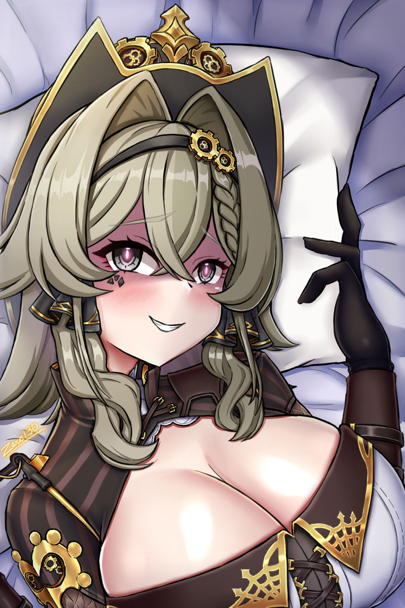 zero130rider, vill-v, honkai (series), honkai impact 3rd, highres, 1girl, :d, artist name, bed, black gloves, breasts, brown hair, cleavage, from above, gloves, grey eyes, grin, headband, jacket, large breasts, long hair, looking at viewer, lying, on back, open mouth, pillow, smile, solo, teeth, upper body, white jacket