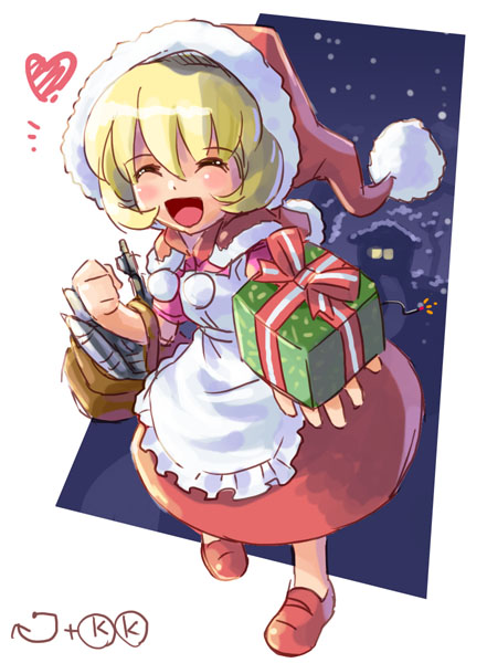 katahira masashi, b.b. hood, capcom, darkstalkers, 1girl, apron, blonde hair, christmas, closed eyes, dress, female focus, frills, full body, gift, red dress, santa costume, solo