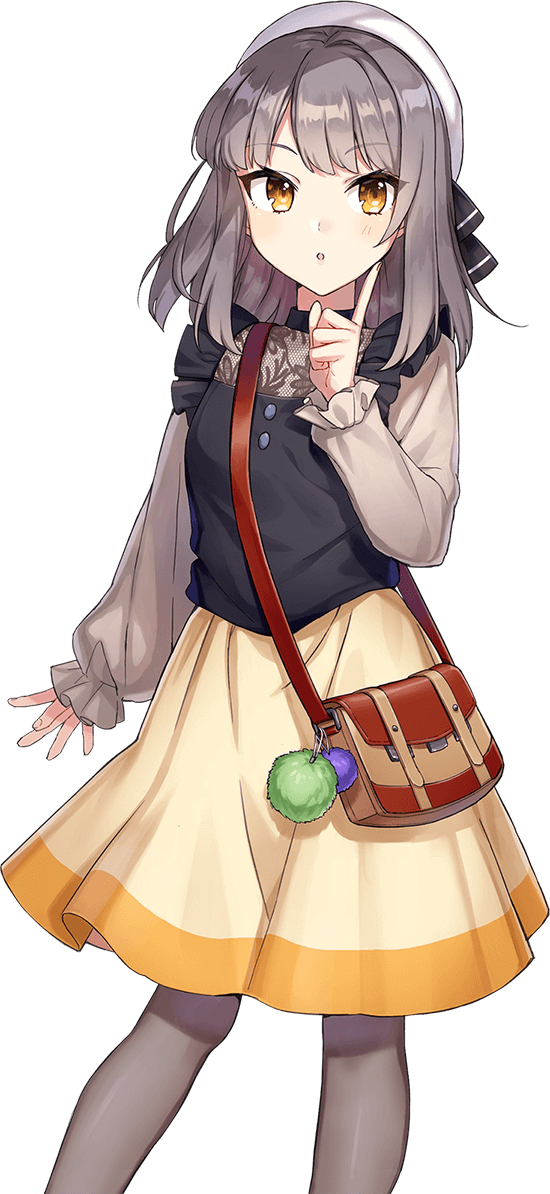 shirako miso, kujo yuzuha, cue!, official art, 1girl, :o, bag, black ribbon, blush, breasts, brown bag, brown shoes, cowboy shot, frills, grey hair, grey pantyhose, hand on own cheek, hand on own face, hand up, hat, index finger raised, long sleeves, looking at viewer, medium breasts, medium hair, open hand, open mouth, pantyhose, parted lips, ribbon, shoes, shoulder bag, simple background, skirt, solo, standing, striped ribbon, tachi-e, transparent background, tsurime, white hat, yellow eyes, yellow skirt
