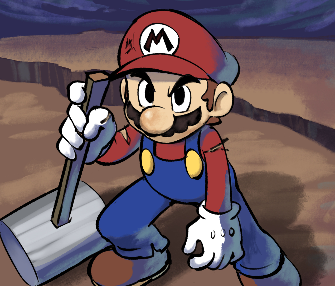yamari (ya mari 6363), mario, mario & luigi rpg, mario (series), nintendo, highres, 1boy, black eyes, blue overalls, boots, brown boots, brown hair, facial hair, gloves, hammer, hat, holding, holding hammer, long sleeves, looking at viewer, male focus, masanori sato (style), mustache, newsboy cap, official style, outdoors, overalls, red hat, red shirt, shirt, short hair, standing, torn clothes, torn overalls, torn shirt, white gloves