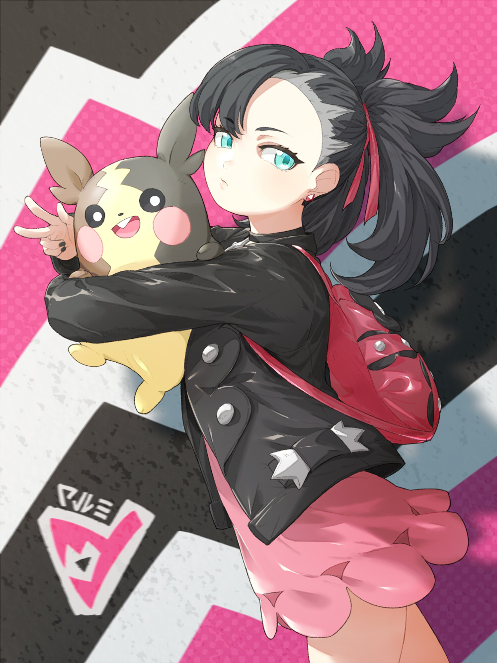muzy, marnie (pokemon), morpeko, morpeko (full), nintendo, pokemon, pokemon swsh, highres, 1girl, aqua eyes, asymmetrical bangs, backpack, bag, black choker, black hair, black jacket, black nails, choker, closed mouth, dress, earrings, from side, gen 8 pokemon, hair ribbon, holding, holding pokemon, jacket, jewelry, long hair, looking at viewer, pink dress, pokemon (creature), red bag, red ribbon, ribbon, stud earrings, twintails, undercut, v