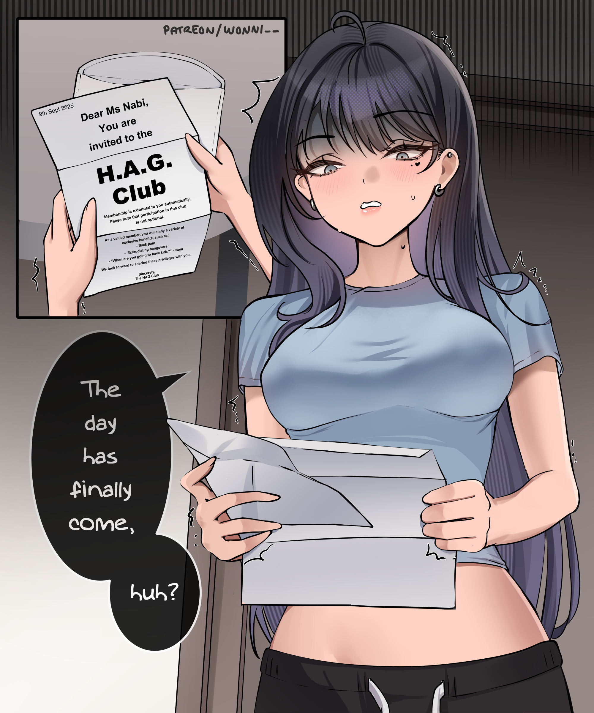 wonnikon, nabi (wonnikon), original, absurdres, highres, 1girl, black hair, black shorts, blue eyes, blue shirt, blush, breasts, cropped shirt, ear piercing, earrings, facial mark, heart, heart facial mark, holding, holding letter, jewelry, letter, long hair, medium breasts, midriff, mole, mole under eye, open mouth, parted lips, piercing, shirt, short sleeves, shorts, solo, sweat