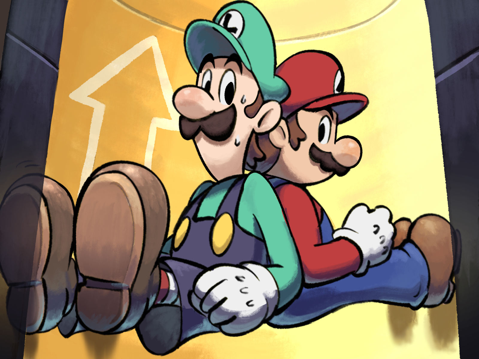 yamari (ya mari 6363), luigi, mario, mario & luigi: superstar saga, mario & luigi rpg, mario (series), nintendo, highres, 2boys, back-to-back, blue overalls, boots, brothers, brown boots, brown hair, facial hair, gloves, green hat, green shirt, hat, male focus, masanori sato (style), multiple boys, newsboy cap, official style, overalls, red hat, red shirt, shirt, siblings, ventilation shaft, white gloves