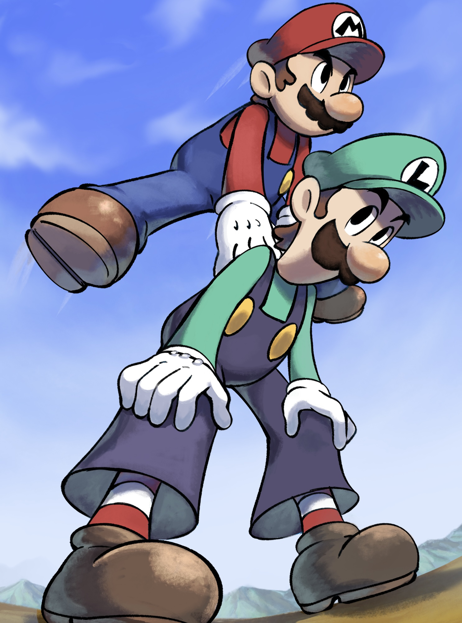 yamari (ya mari 6363), luigi, mario, mario & luigi: superstar saga, mario & luigi rpg, mario (series), nintendo, highres, 2boys, black eyes, blue overalls, blue sky, boots, brothers, brown boots, brown hair, facial hair, gloves, green hat, green shirt, hat, leap frog, male focus, masanori sato (style), multiple boys, mustache, newsboy cap, official style, outdoors, overalls, red hat, red shirt, red socks, shirt, siblings, sky, socks, striped clothes, striped socks, white gloves, white socks