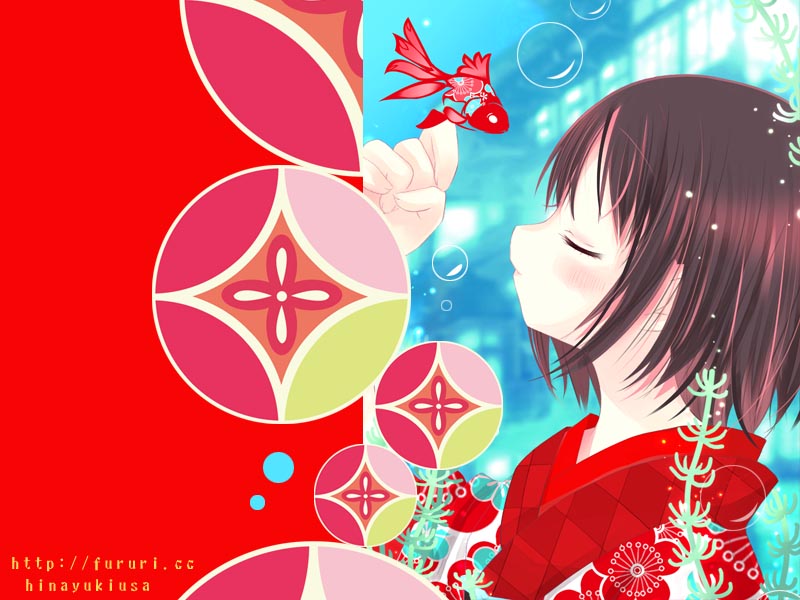 hinayuki usa, argyle, 1girl, black hair, brown hair, bubble, closed eyes, female focus, fish, japanese clothes, kimono, shippou (pattern), short hair, solo
