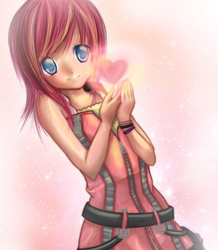 kairi (shery rakuura), kairi (kingdom hearts), kingdom hearts, kingdom hearts ii, 1girl, belt, blue eyes, blush, cowboy shot, dress, female focus, glowing, heart, looking at viewer, pink dress, pink hair, pink theme, short hair, smile, solo, zipper dress