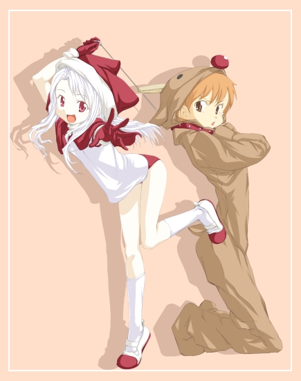 hamao, original, silver hair, 1boy, 1girl, :d, animal costume, arms up, christmas, dress, full body, gloves, legs up, long sleeves, looking at viewer, open mouth, red eyes, reindeer costume, silhouette, smile, standing, standing on one leg, white dress, white gloves