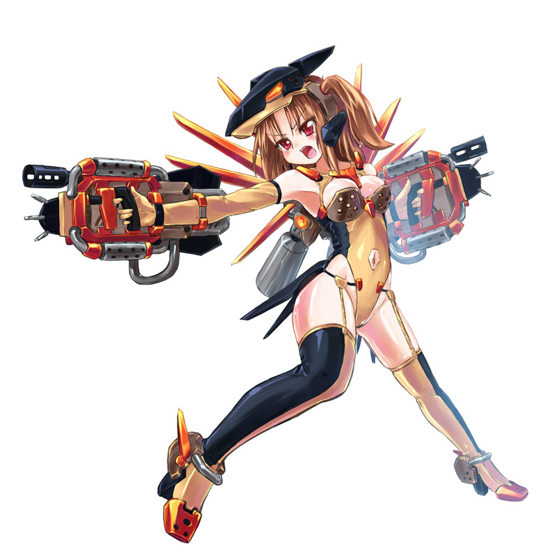 homura subaru, typhlosion, nintendo, original, pokemon, 1girl, brown hair, elbow gloves, female focus, gen 2 pokemon, gloves, mecha, navel, personification, red eyes, robot, simple background, solo, thighhighs, weapon, white background