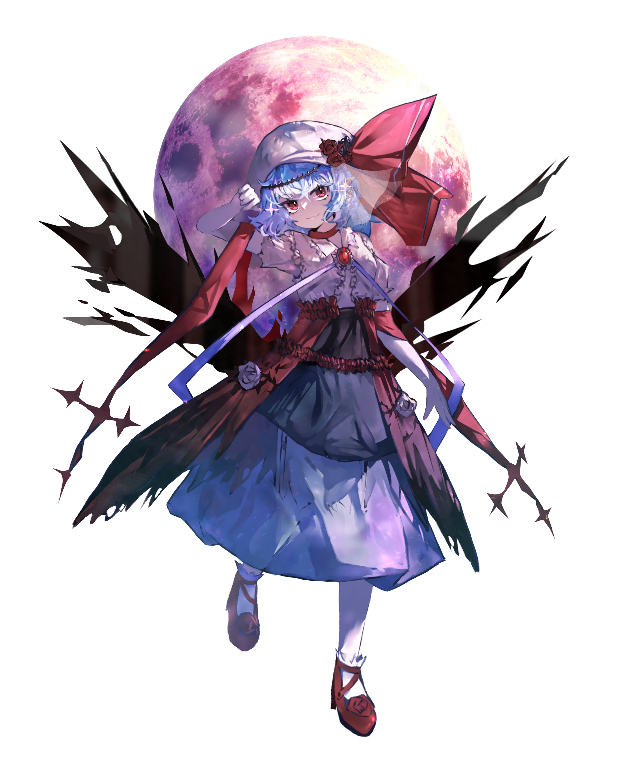 getsurai, remilia scarlet, touhou, absurdres, highres, 1girl, arm up, black skirt, closed mouth, dress, fang, flower, full moon, gem, hat, hat ribbon, looking at viewer, medium hair, moon, newsboy cap, puffy short sleeves, puffy sleeves, purple hair, red eyes, red gemstone, red ribbon, red shoes, red skirt, ribbon, rose, shoes, short sleeves, showgirl skirt, skin fang, skirt, smile, socks, solo, white dress, white flower, white hat, white rose, white socks
