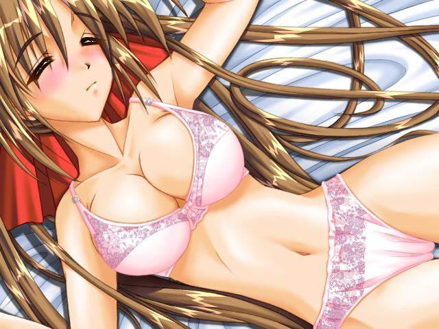 araki hiroaki, konoha (shoujo circus), evolution (company), shoujo circus, game cg, 1girl, bed, blush, bow, bow bra, bow panties, bra, breasts, brown hair, cleavage, closed eyes, collarbone, female focus, hair ribbon, lingerie, long hair, navel, panties, pink bra, pink panties, ribbon, sleeping, solo, underwear, underwear only