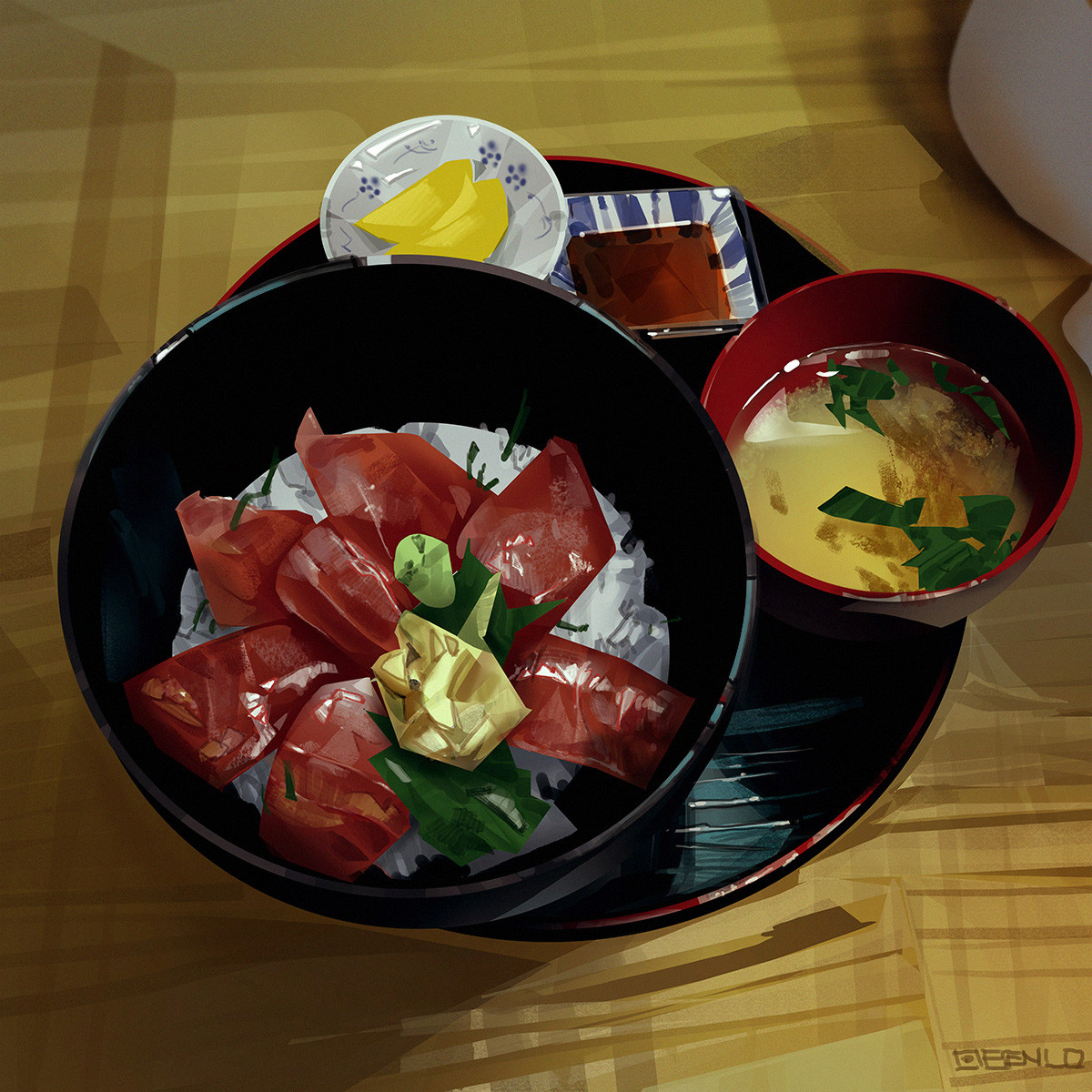ben lo, original, highres, bowl, fish (food), food, food focus, from above, fruit, lemon, lemon slice, no humans, nori (seaweed), on table, painterly, plate, rice bowl, sashimi, seafood, soup, soy sauce, table, tuna