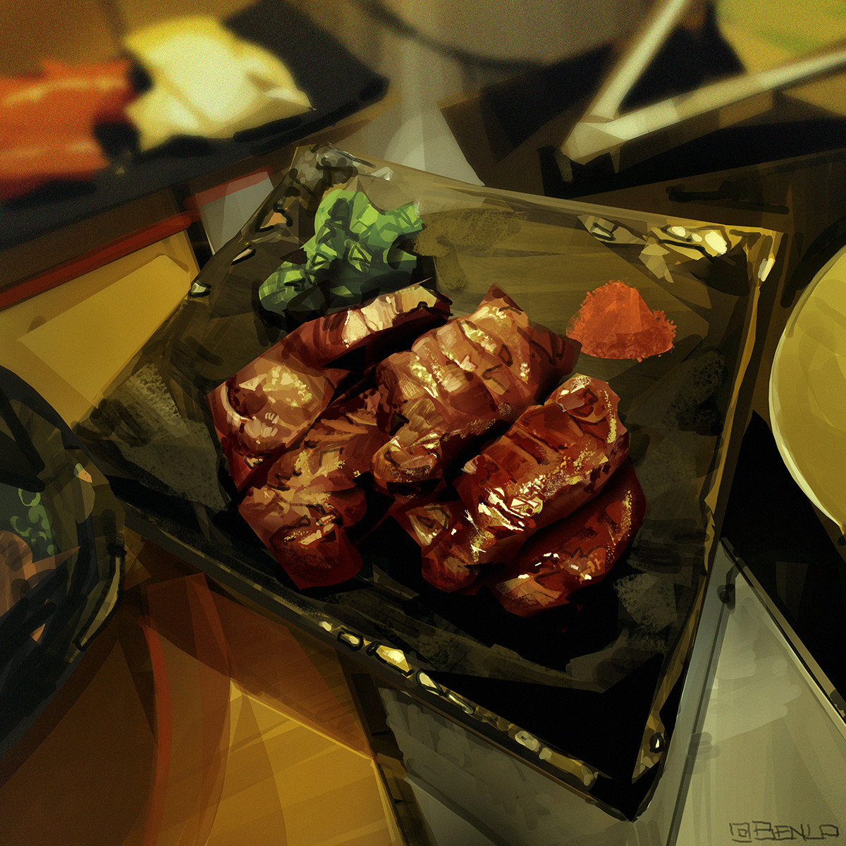 ben lo, original, highres, blurry, blurry background, bowl, cutlet, depth of field, fish (food), food, food focus, from above, ginger root, no humans, painterly, plate, pork, sashimi, tongs