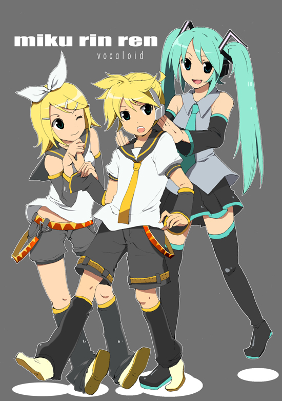 sazame, hatsune miku, kagamine len, kagamine rin, vocaloid, 1boy, 2girls, aqua hair, brother and sister, multiple girls, siblings, thighhighs, twins, twintails