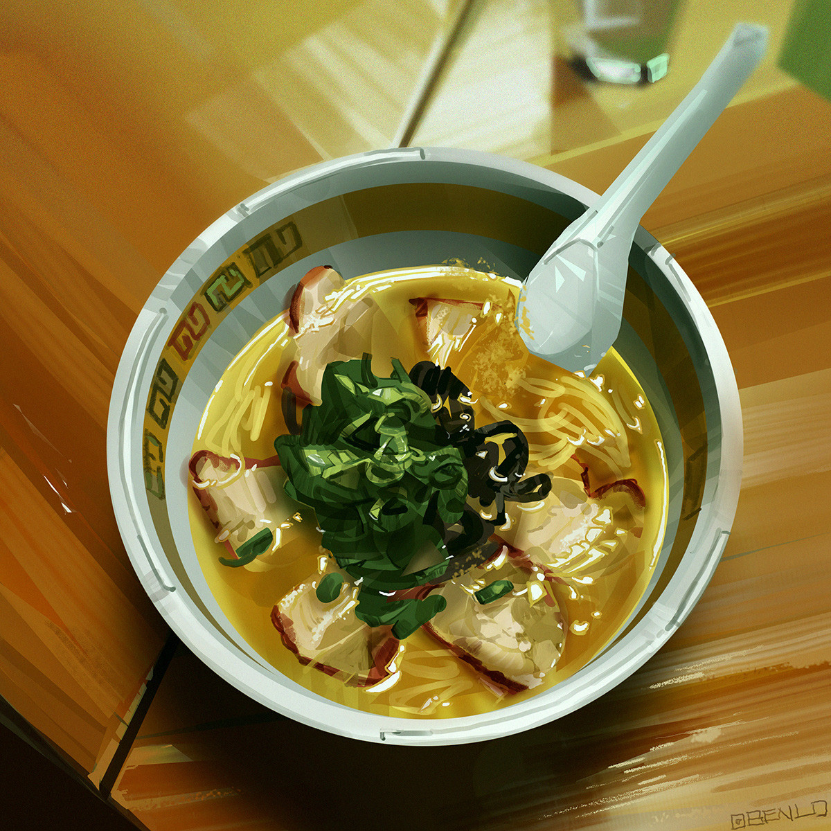 ben lo, original, highres, blurry, blurry background, char-siu, chopped spring onion, cup, cutlet, food, food focus, from above, glass, no humans, noodles, on table, painterly, pork, ramen, spoon, table, wooden table