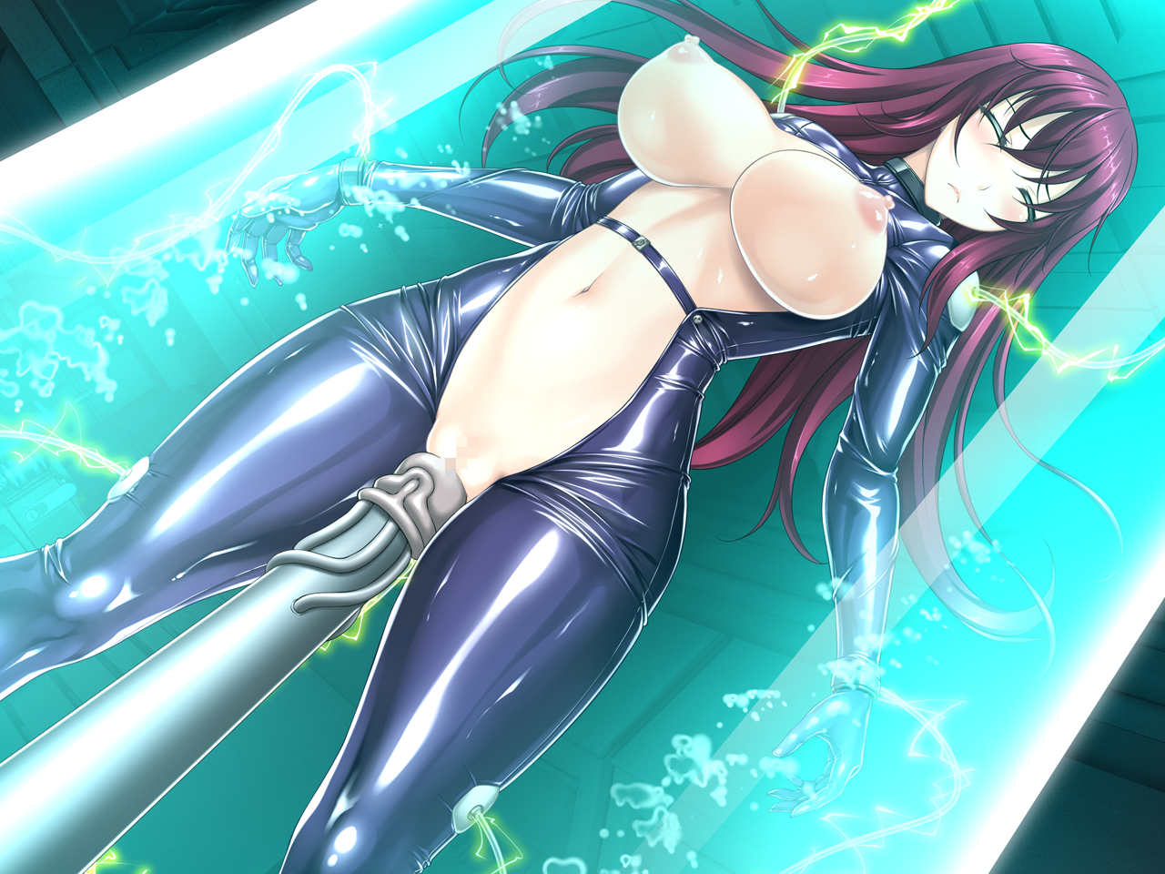 rindou (radical dream), game cg, large variant set, non-web source, official art, variant set, 1girl, bdsm, blush, bodysuit, bondage, bound, breasts, breasts out, censored, closed eyes, dutch angle, electricity, forced orgasm, frontless outfit, green eyes, huge breasts, in container, latex, liese heldebrand, long hair, mosaic censoring, navel, nengoku no liese, nipples, object insertion, open bodysuit, open clothes, purple hair, pussy, restrained, sex machine, shiny clothes, skin tight, solo, stasis tank, stationary restraints, tube, vaginal, vaginal object insertion, water tank