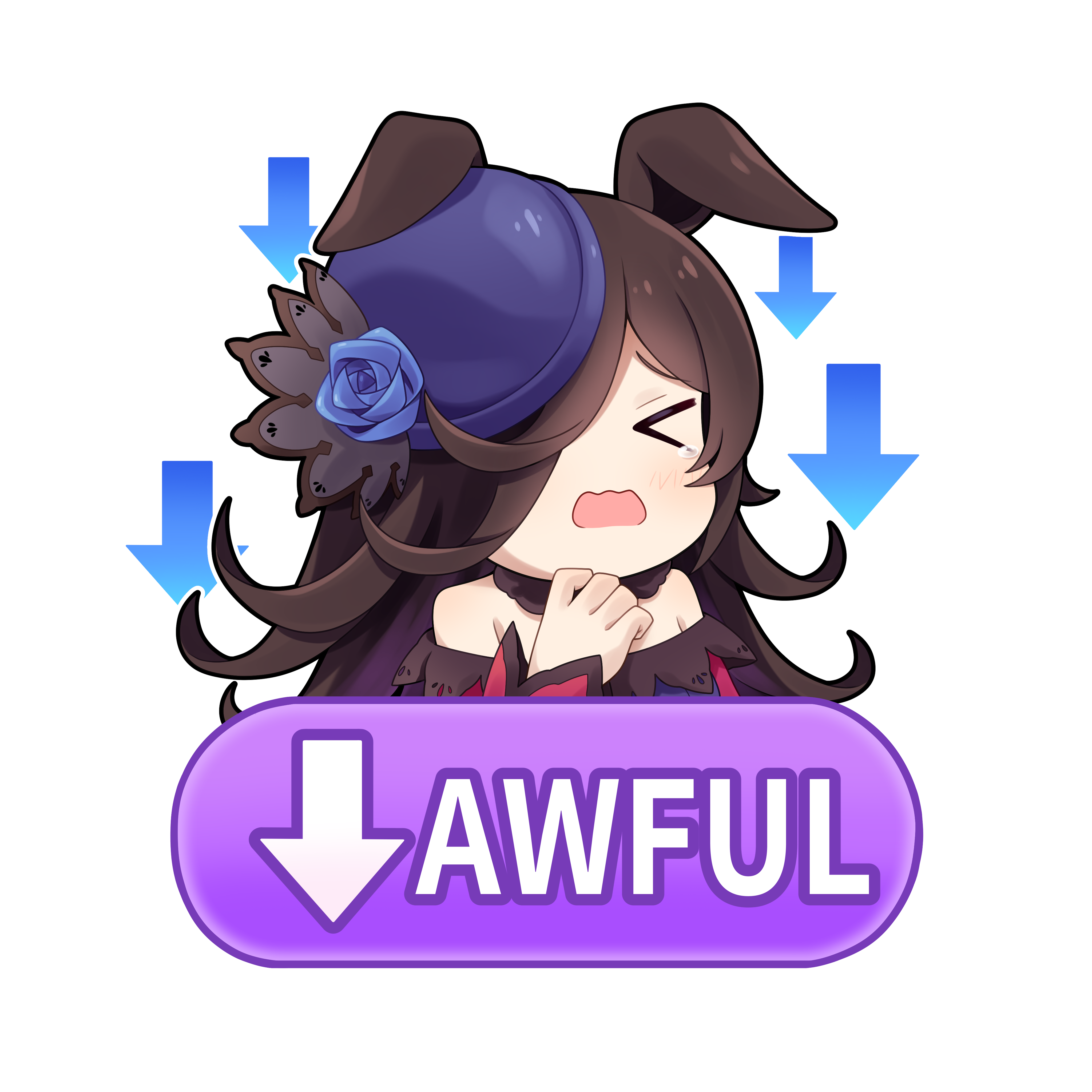 goom (goomyparty), rice shower (umamusume), umamusume, absurdres, highres, > <, 1girl, animal ears, arrow (symbol), bare shoulders, blue dress, blue flower, blue hat, blue rose, blush, brown hair, chibi, closed eyes, dress, ears down, flower, gameplay mechanics, hair over one eye, hand up, hat, hat flower, horse ears, long sleeves, mood (umamusume), off-shoulder dress, off shoulder, open mouth, rose, simple background, sleeves past wrists, solo, tears, tilted headwear, upper body, wavy mouth, white background