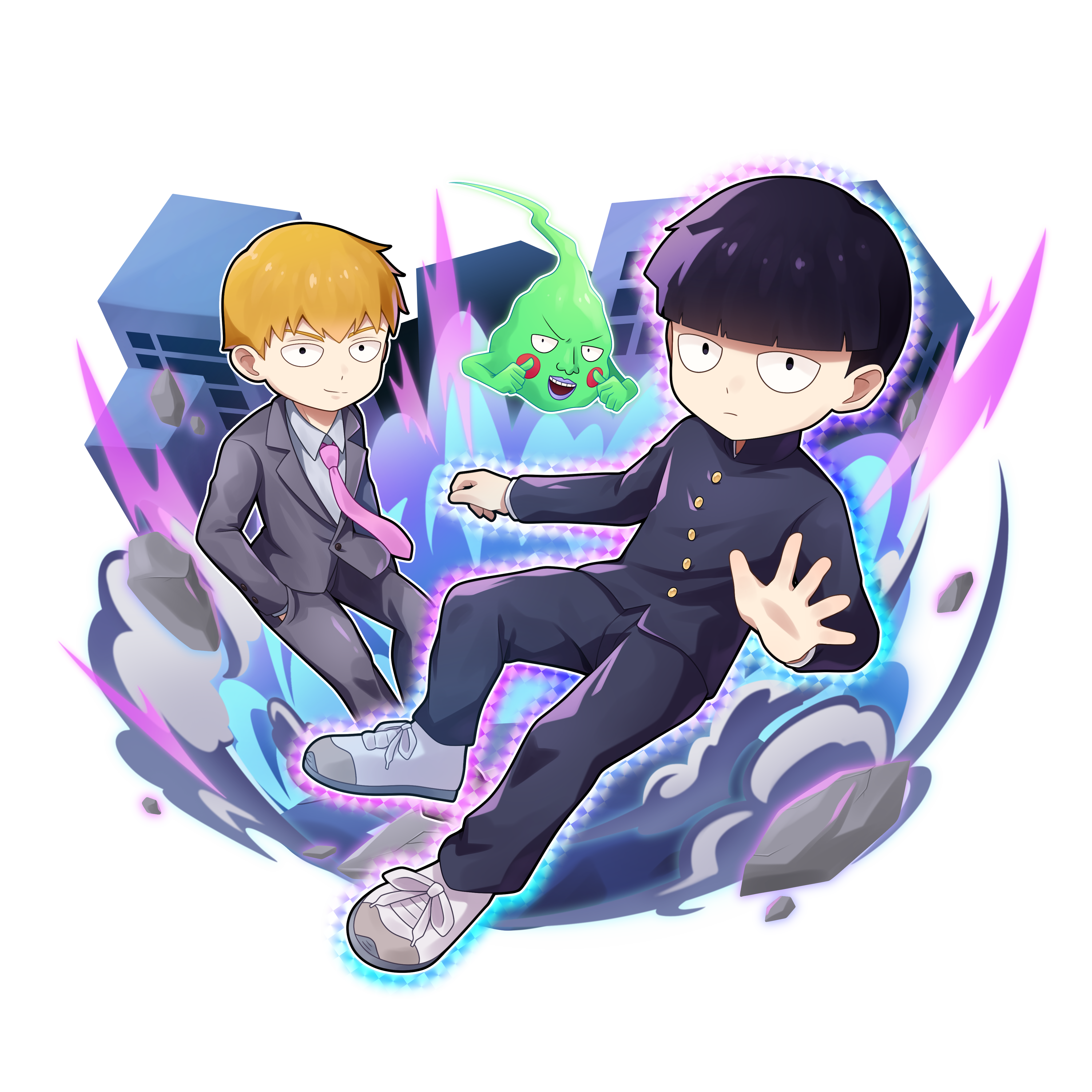 goom (goomyparty), ekubo (mob psycho 100), kageyama shigeo, reigen arataka, mob psycho 100, absurdres, highres, 2boys, black hair, black jacket, black pants, brown hair, closed mouth, collared shirt, gakuran, grey jacket, grey pants, grey shirt, jacket, long sleeves, male focus, multiple boys, necktie, pants, pink necktie, school uniform, shirt, shoes, smirk, white background, white shoes