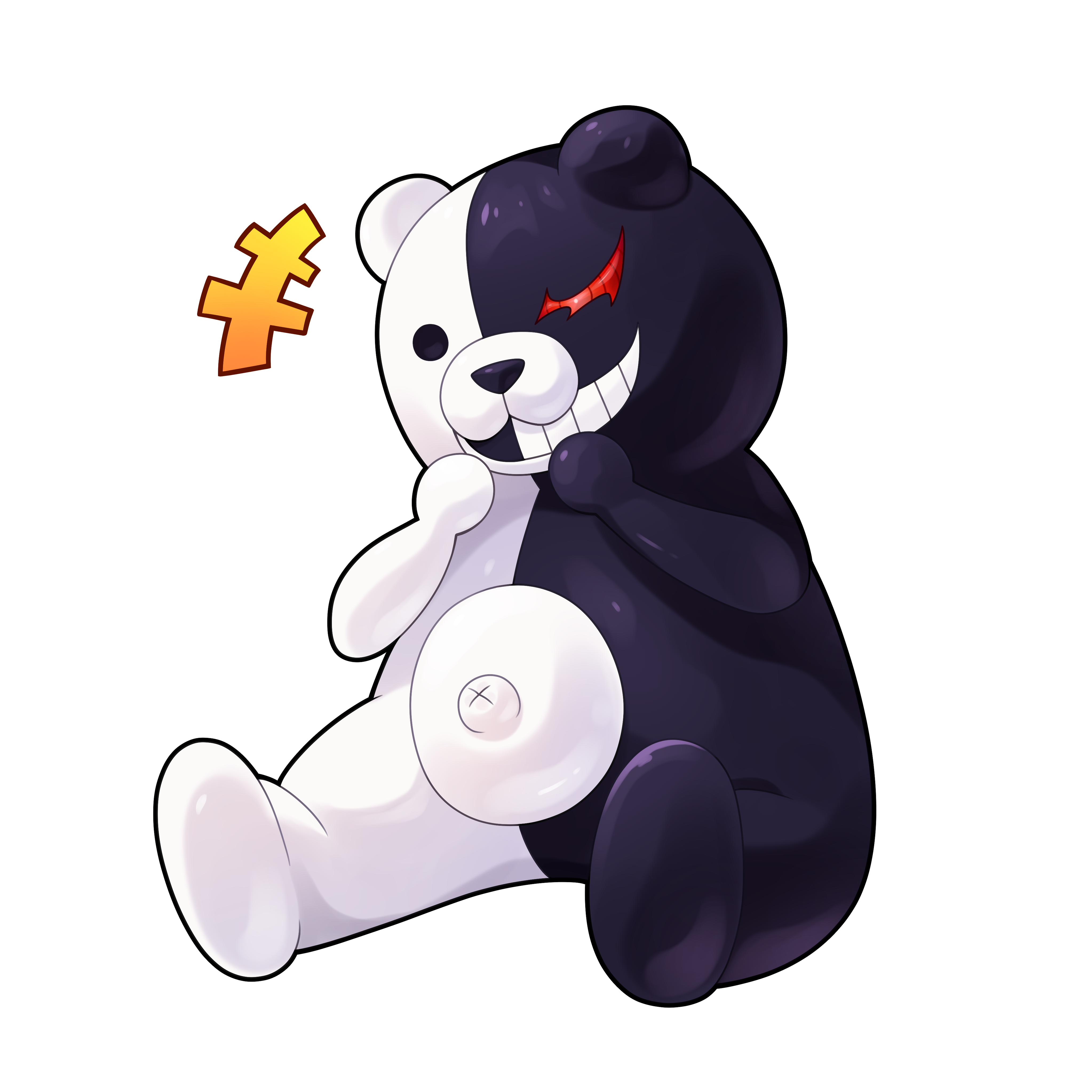 goom (goomyparty), monokuma, danganronpa (series), absurdres, highres, +++, animal, animal focus, bear, full body, grin, hands up, outie navel, simple background, sitting, smile, solo, white background, x navel