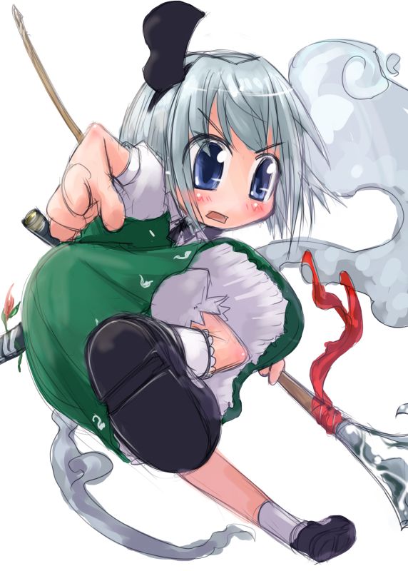tao, tao (kadoya), konpaku youmu, konpaku youmu (ghost), touhou, silver hair, 1girl, black shoes, bloomers, blue eyes, blush, female focus, full body, green skirt, hitodama, kicking, no nose, open mouth, polearm, puffy short sleeves, puffy sleeves, red ribbon, ribbon, sheath, shoe soles, shoes, short hair, short sleeves, simple background, sketch, skirt, socks, solo, spear, underwear, weapon, white background, white socks