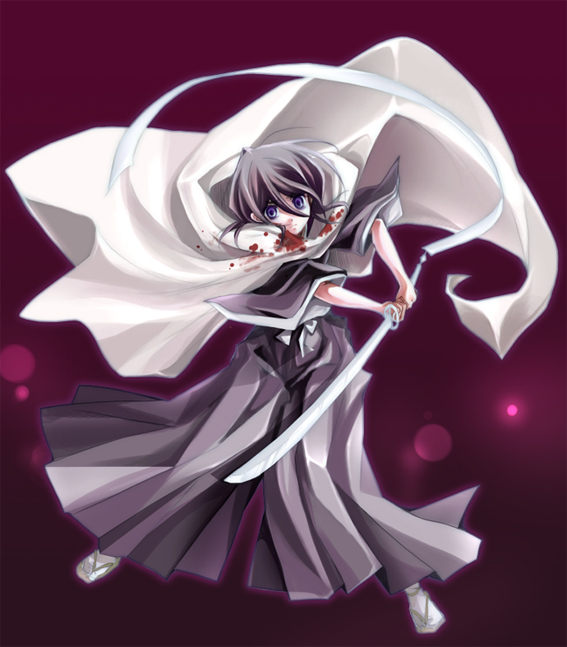 tokitsukaze otoha, kuchiki rukia, sode no shirayuki, bleach, 00s, 1girl, black hair, blood, cloak, female focus, solo, sword, weapon