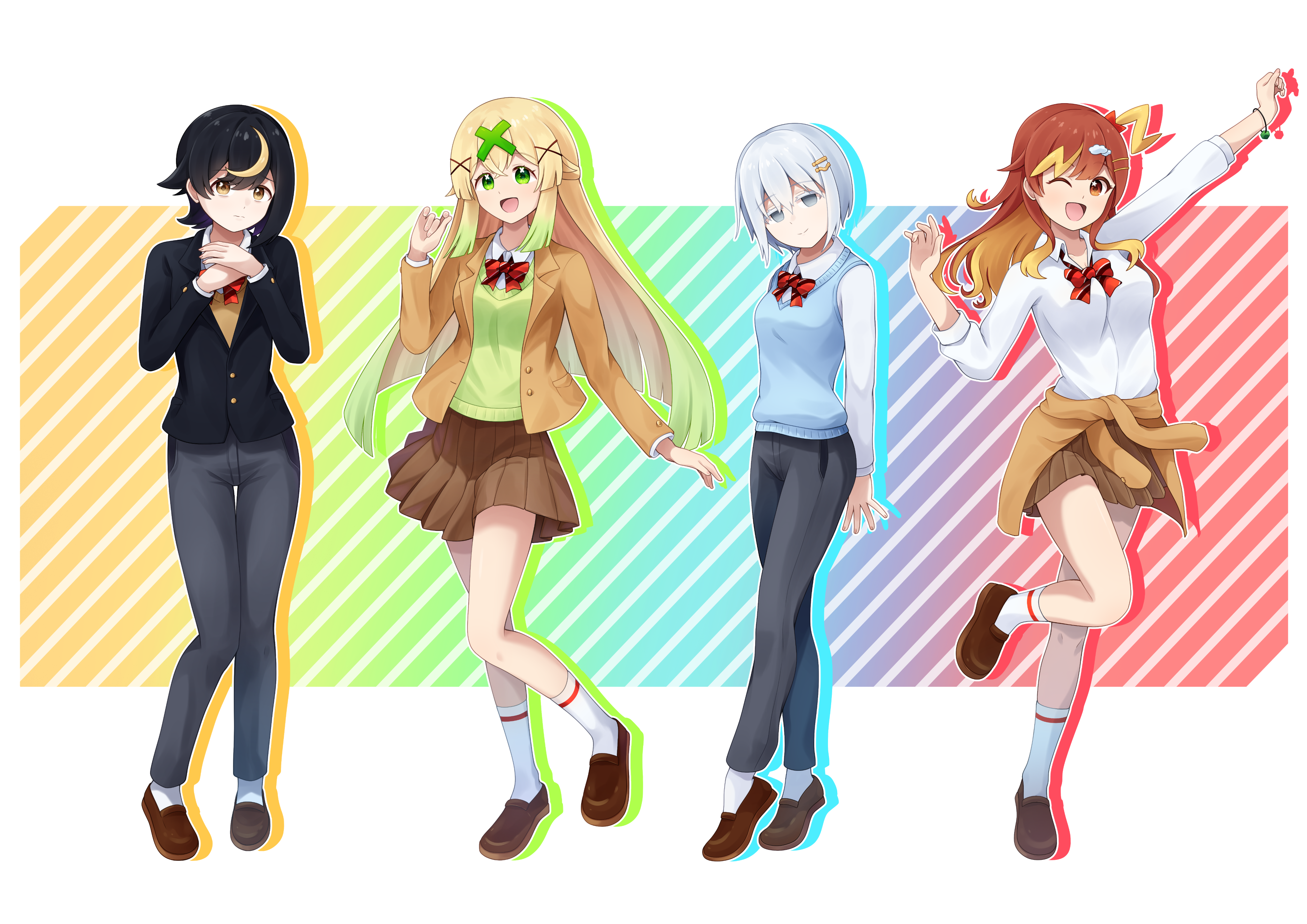 goom (goomyparty), absurdres, copyright request, highres, 4girls, ;d, arm up, black hair, black jacket, blazer, blonde hair, bow, brown cardigan, brown eyes, brown hair, brown jacket, brown shoes, brown skirt, cardigan, cardigan around waist, closed mouth, clothes around waist, collared shirt, colored eyelashes, diagonal-striped background, diagonal-striped bow, green eyes, green hair, grey eyes, grey hair, grey pants, hair between eyes, hair ornament, hairclip, hand up, hands up, head tilt, jacket, long sleeves, multicolored hair, multiple girls, one eye closed, open clothes, open jacket, open mouth, outstretched arm, own hands together, pants, pleated skirt, red bow, red eyes, school uniform, shirt, shoes, short hair, skirt, smile, socks, standing, standing on one leg, streaked hair, striped background, striped bow, sweater vest, two-tone hair, white shirt, white socks, x hair ornament