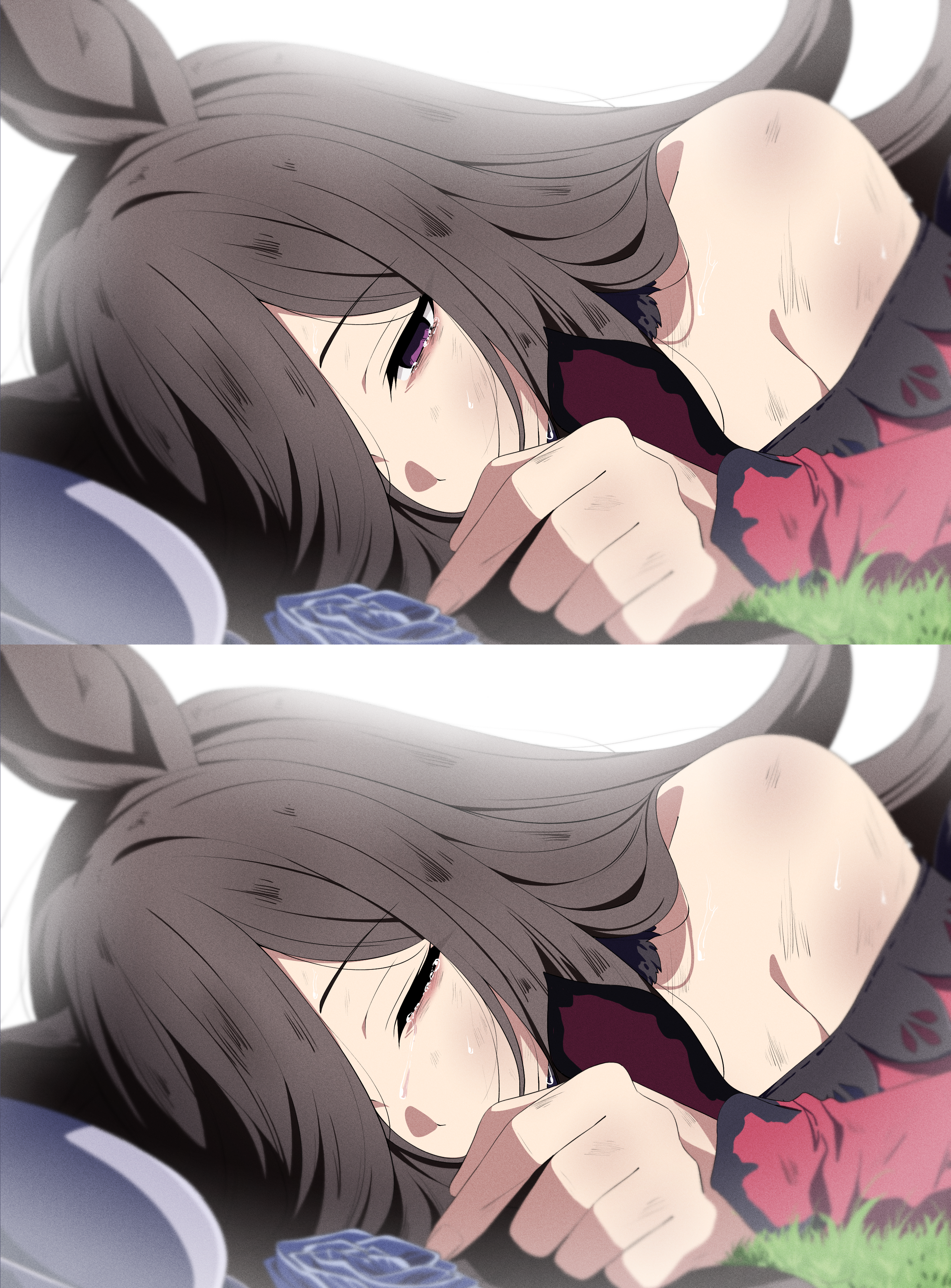 reia 76, rice shower (umamusume), umamusume, absurdres, highres, 1girl, animal ears, black hair, closed eyes, crying, dirty, flower, hair over one eye, horse ears, horse girl, lying, on side, pink shirt, purple eyes, purple flower, scratches, shirt, single bare shoulder, solo