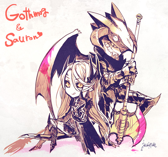tokidoki tidori, balrog (lord of the rings), gothmog (silmarillion), sauron, the silmarillion, tolkien's legendarium, 2boys, artist name, axe, battle axe, character name, chibi, crown, demon, demon horns, demon wings, full body, heart, horns, looking at viewer, male focus, multiple boys, pointy ears, signature, slit pupils, tongue, tongue out, weapon, wings