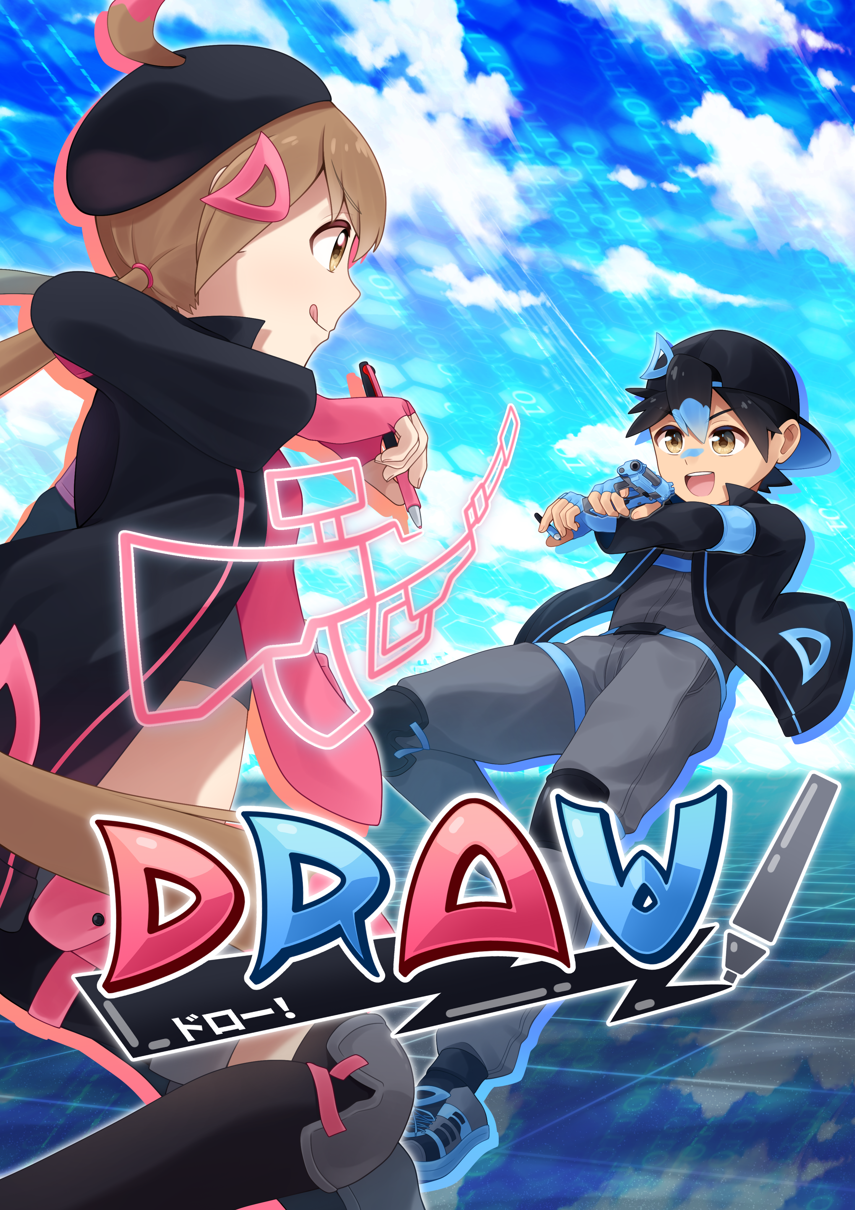 goom (goomyparty), absurdres, copyright request, highres, 1boy, 1girl, :d, backwards hat, baseball cap, beret, binary, black hair, black hat, black jacket, black thighhighs, blue gloves, blue hair, blue sky, brown eyes, brown hair, cloud, day, drawing (action), fingerless gloves, gloves, grey pants, grey shirt, grey shoes, hat, holding, holding pen, jacket, knee pads, long hair, low twintails, multicolored hair, open clothes, open jacket, open mouth, outdoors, over-kneehighs, pants, pen, pink gloves, shirt, shoes, sky, smile, teeth, thighhighs, twintails, two-tone hair, upper teeth only, very long hair