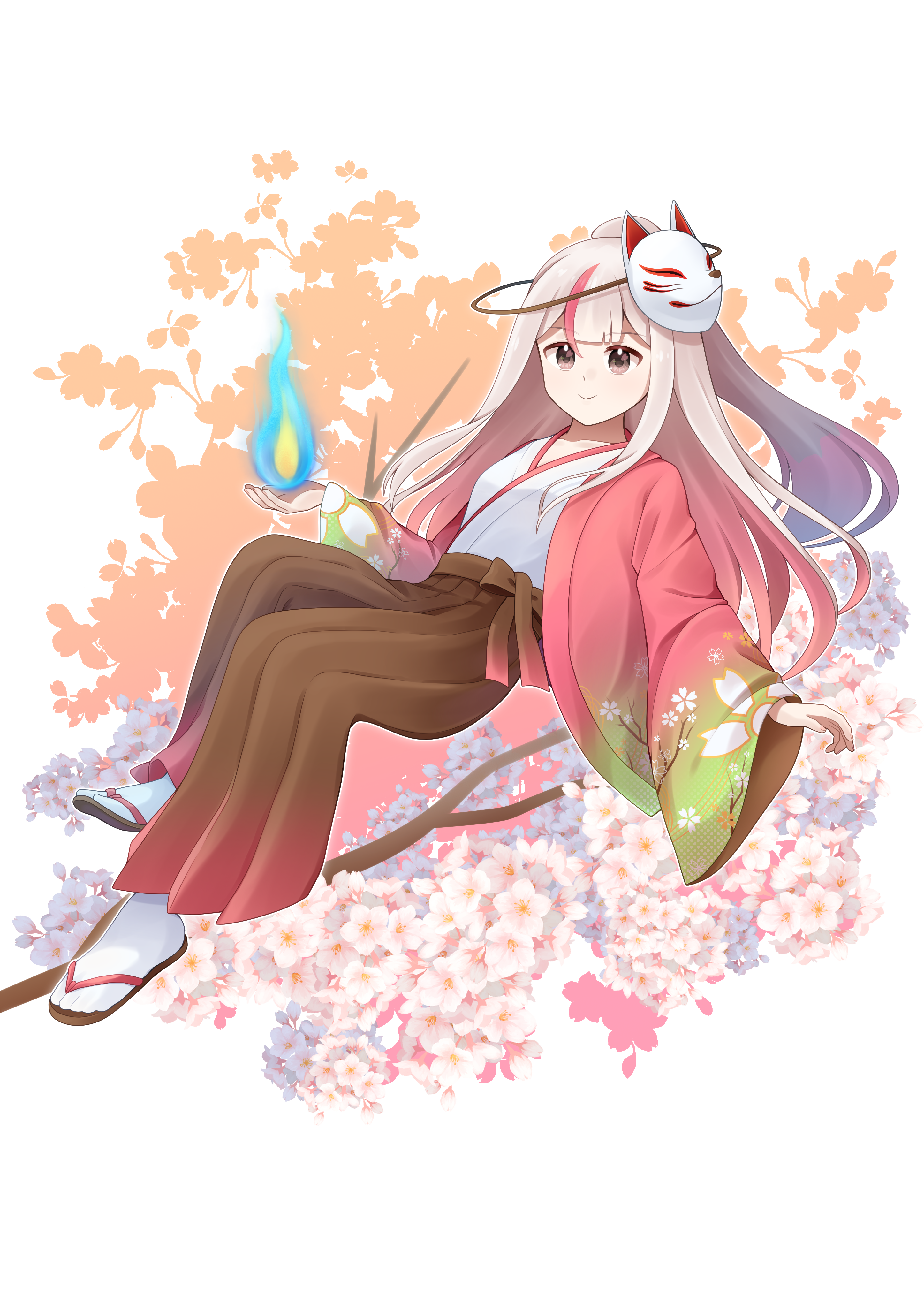 goom (goomyparty), original, absurdres, highres, 1girl, blue fire, branch, brown eyes, brown hair, brown hakama, brown sandals, closed mouth, fire, flower, fox mask, full body, hakama, hakama skirt, japanese clothes, kimono, long sleeves, mask, mask on head, multicolored hair, open clothes, pink hair, sandals, simple background, skirt, smile, socks, solo, streaked hair, tabi, two-tone hair, white background, white flower, white kimono, white socks, wide sleeves, zouri
