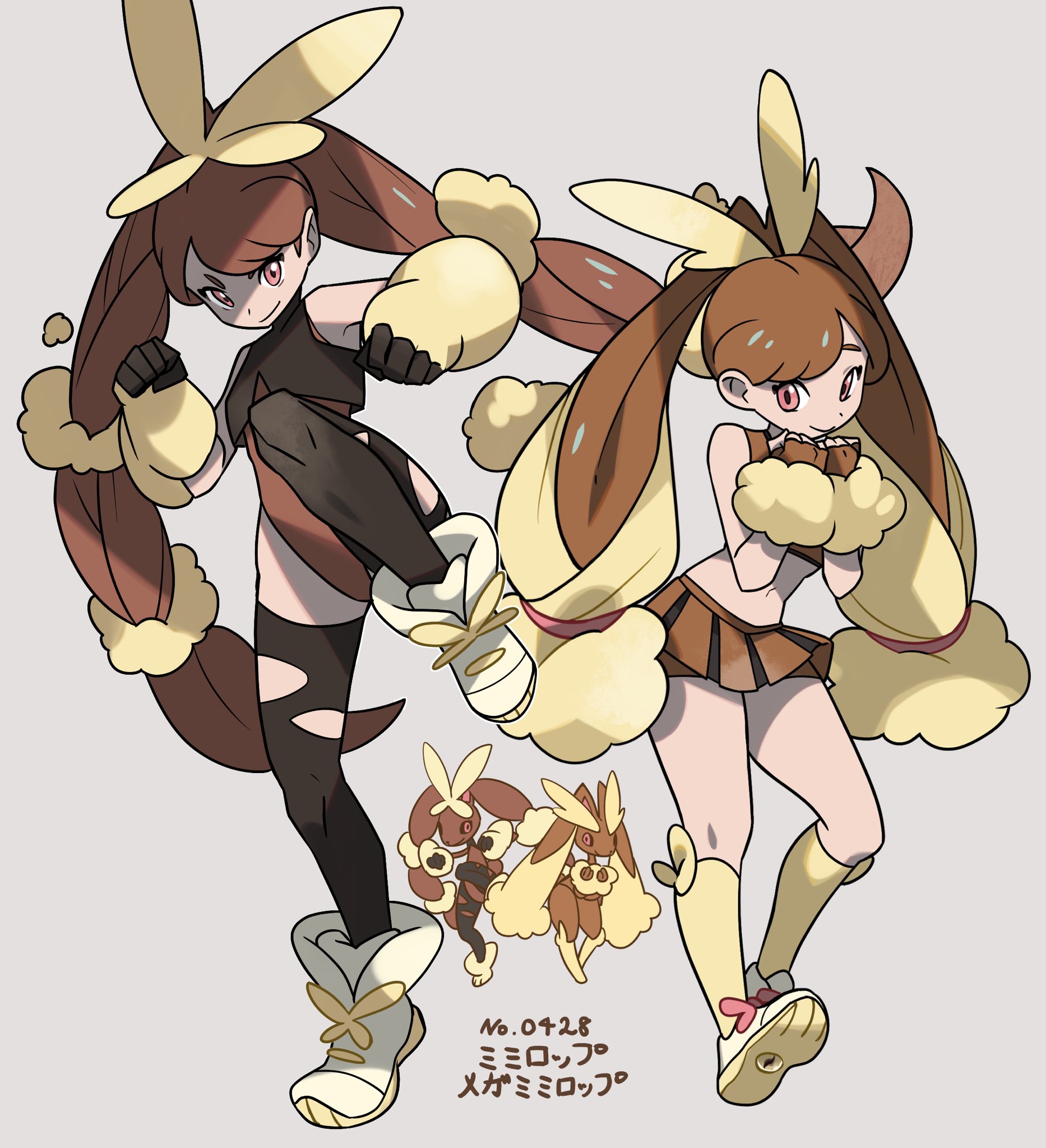 himurohiromu, lopunny, mega lopunny, nintendo, pokemon, highres, translation request, 2girls, black thighhighs, boots, brown eyes, brown gloves, brown hair, brown skirt, cosplay, fingerless gloves, gen 4 pokemon, gloves, grey background, long hair, looking at viewer, lopunny (cosplay), mega lopunny (cosplay), mega pokemon, microskirt, multiple girls, pleated skirt, pokemon (creature), simple background, skirt, socks, thighhighs, torn clothes, torn thighhighs, twintails, white boots, yellow socks