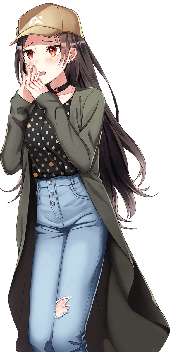 shirako miso, kamuro aya, cue!, official art, 1girl, baseball cap, black choker, black hair, black shirt, blue pants, blush, breasts, brown hat, choker, coat, cowboy shot, denim, earrings, green coat, hands up, hat, jeans, jewelry, long hair, long sleeves, looking at viewer, medium breasts, open clothes, open coat, open mouth, orange eyes, own hands together, pants, polka dot, polka dot shirt, shirt, simple background, solo, standing, straight hair, tachi-e, tented shirt, torn clothes, torn jeans, torn pants, transparent background, tsurime, very long hair
