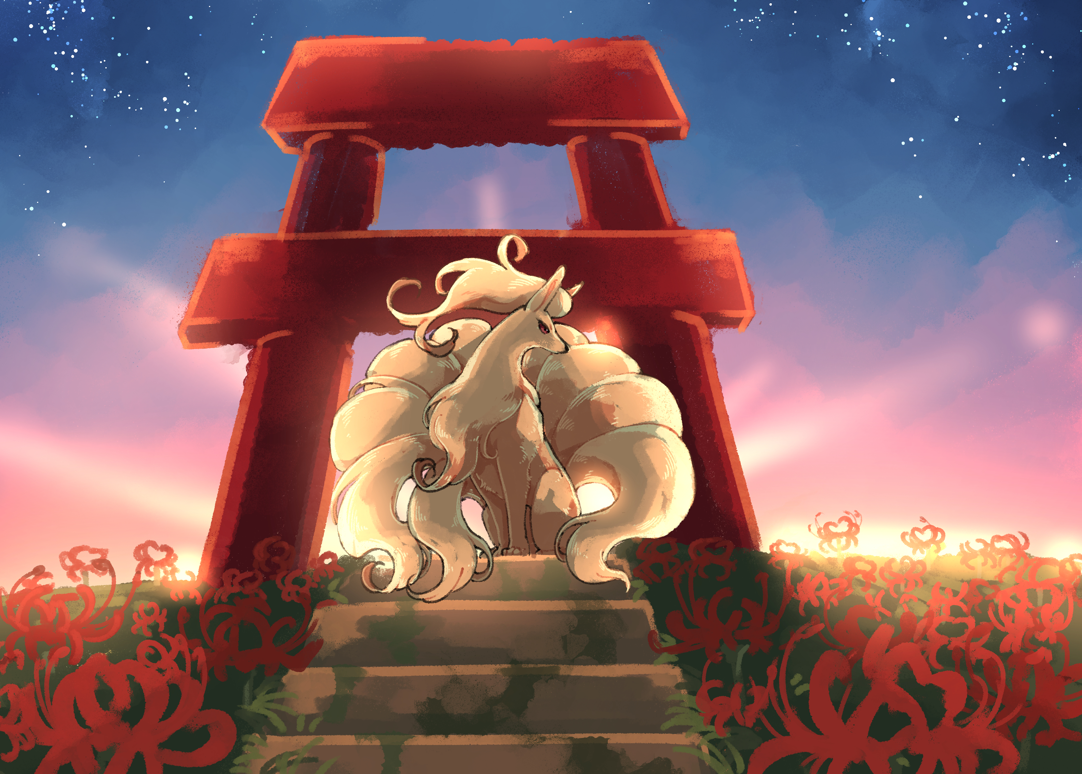 ohayou milk, ninetales, nintendo, pokemon, absurdres, highres, animal focus, flower, fox, full body, gen 1 pokemon, kitsune, multiple tails, no humans, outdoors, pokemon (creature), pokemon focus, red eyes, sky, solo, spider lily, stairs, sunset, tail, torii